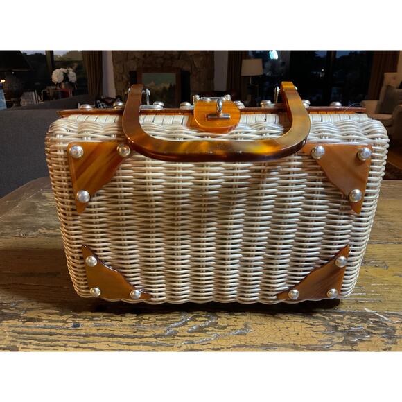 Vintage 1950s Wicker & Lucite Handbag – Made in Hong Kong – Tortoiseshell Trim - Picture 1 of 5